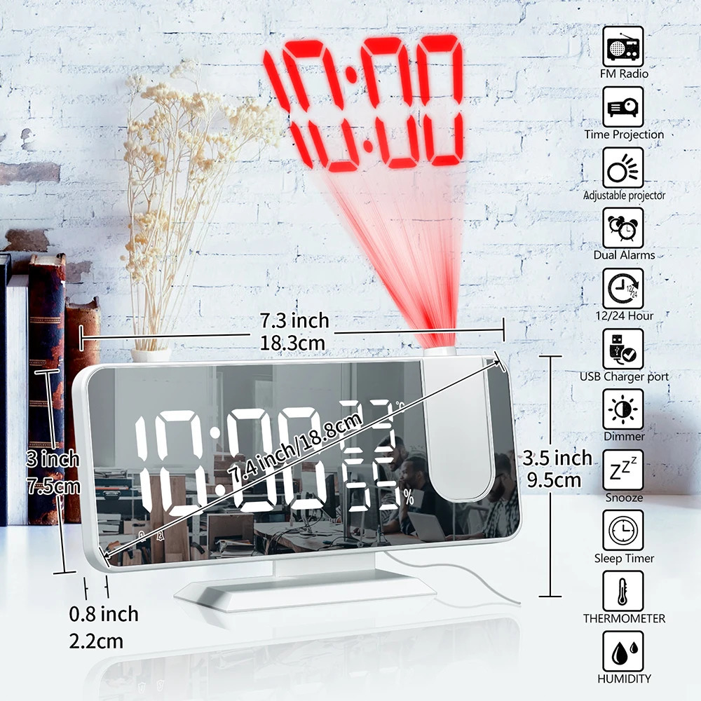 FM Radio LED Digital Smart Alarm Clock Watch Table Electronic Desktop Clocks USB Wake Up with 180° Time Projection Snooze 231221