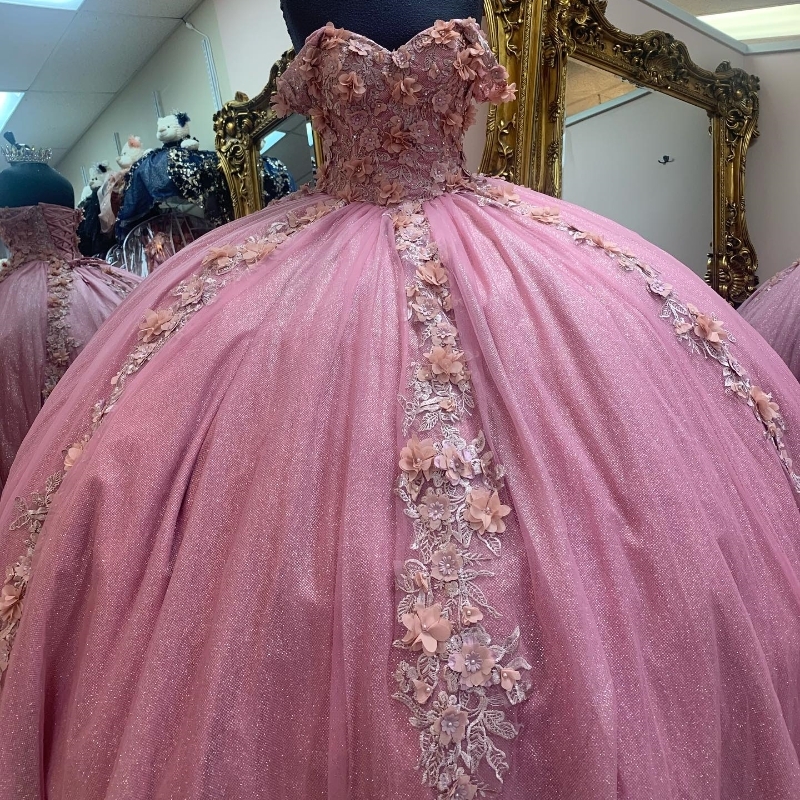 Mexican Pink Shiny Quinceanera Dresses Off Shoulder 3D ral Applique Lace Beaded Ball Gown Sweet Corset vestido 15 de