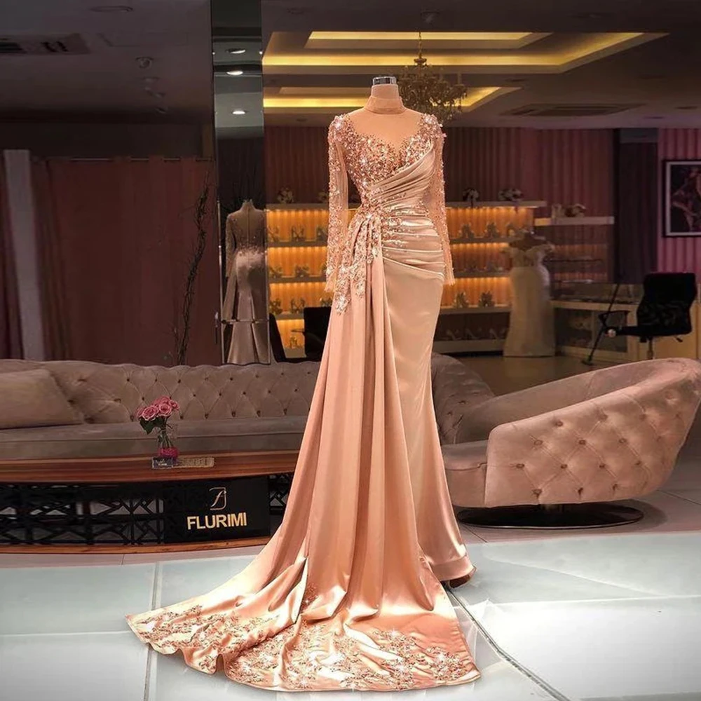 Sexy Mermaid Plus Size Evening Dresses Sheer High Neck Beaded Sequins Arabic Aso Ebi Urious Blush Pink Long Sleeve Prom Formal Ocn Gowns 0220