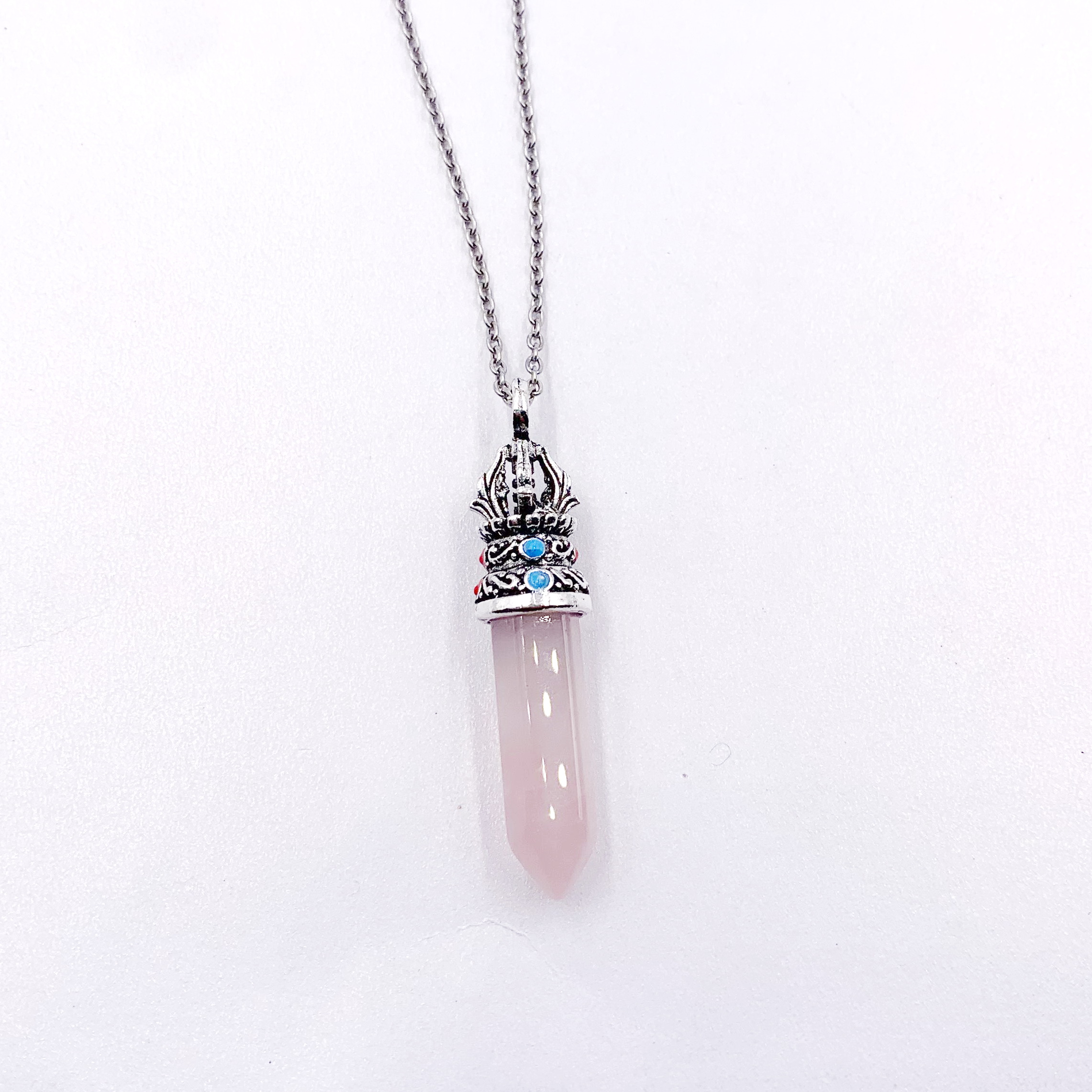 Bohemian Style Rose Quartz Crystal Chakra Crown Pendant Necklace with Silver Chain - Minimalist Gemstone Accessory