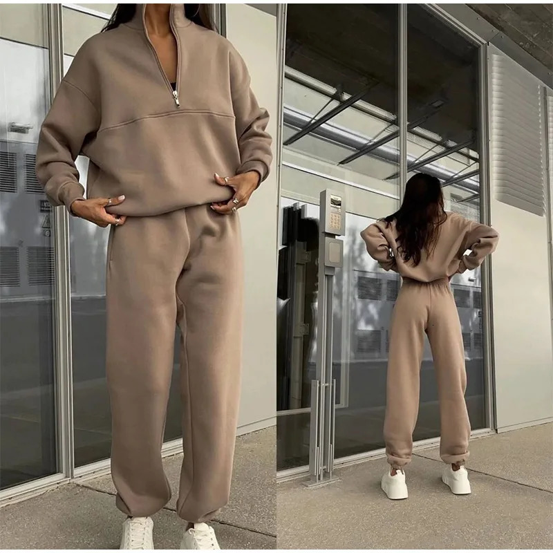 Women Fleece Tracksuit Solid Two Piece Pants Set Casual Long Sleeve Zipper Pullover Outfits Winter Female Warm Sports Suit 231221