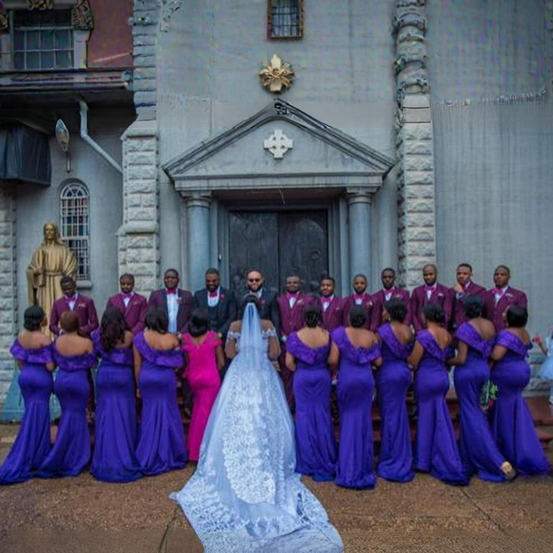 R&W Purple Mermaid Bridesmaid Dresses One Shoulder Satin Appliqued Lace Elegant Promdress for African Arabic Black Women Formal Evening Gown Wedding G