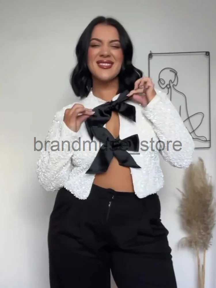 Women's Jackets Christmas Bow Sequins Jacket For Women Fashion Sparkling Coats Female Elegant Long Sleeve Chic Cropped Shiny Evening Partywear J2