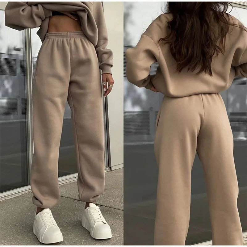 Women Fleece Tracksuit Solid Two Piece Pants Set Casual Long Sleeve Zipper Pullover Outfits Winter Female Warm Sports Suit 231221