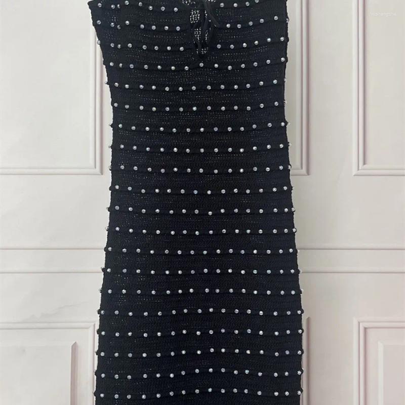 Casual Dresses Solid Color Womens Knit Mermaid Sling Dress Rhinestone Decoration Lace-up Female Sexy Midi Sleeveless Robe Summer 2023