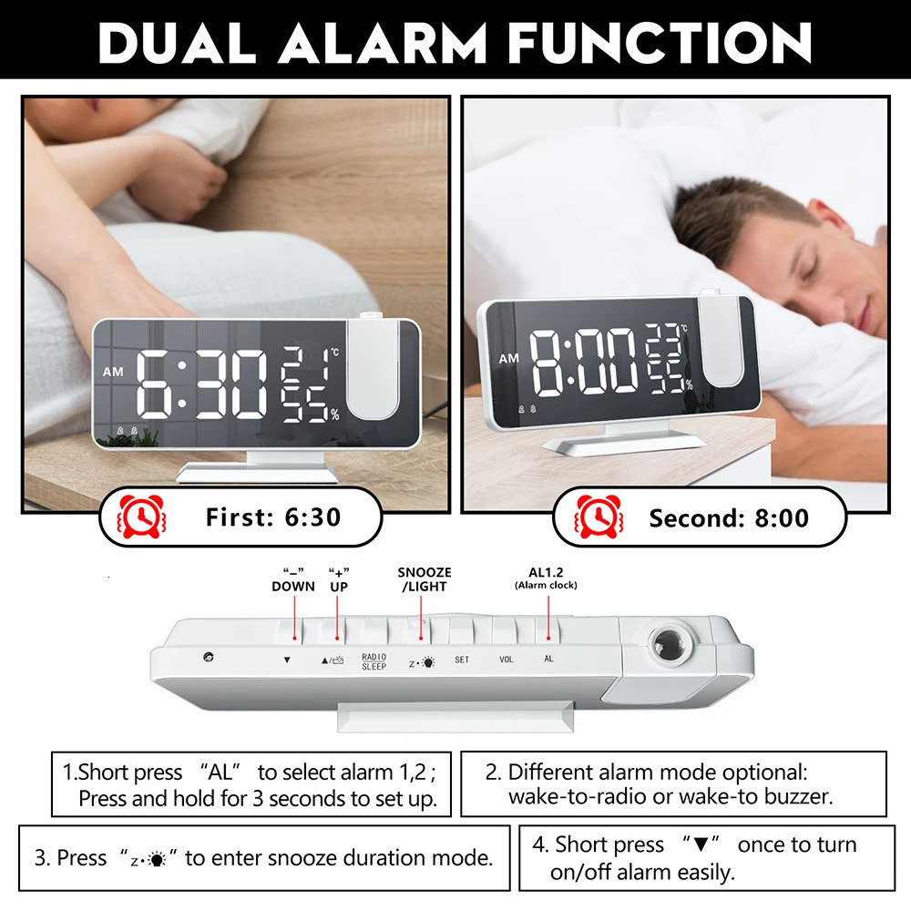 FM Radio LED Digital Smart Alarm Clock Watch Table Electronic Desktop Clocks USB Wake Up with 180° Time Projection Snooze 231221