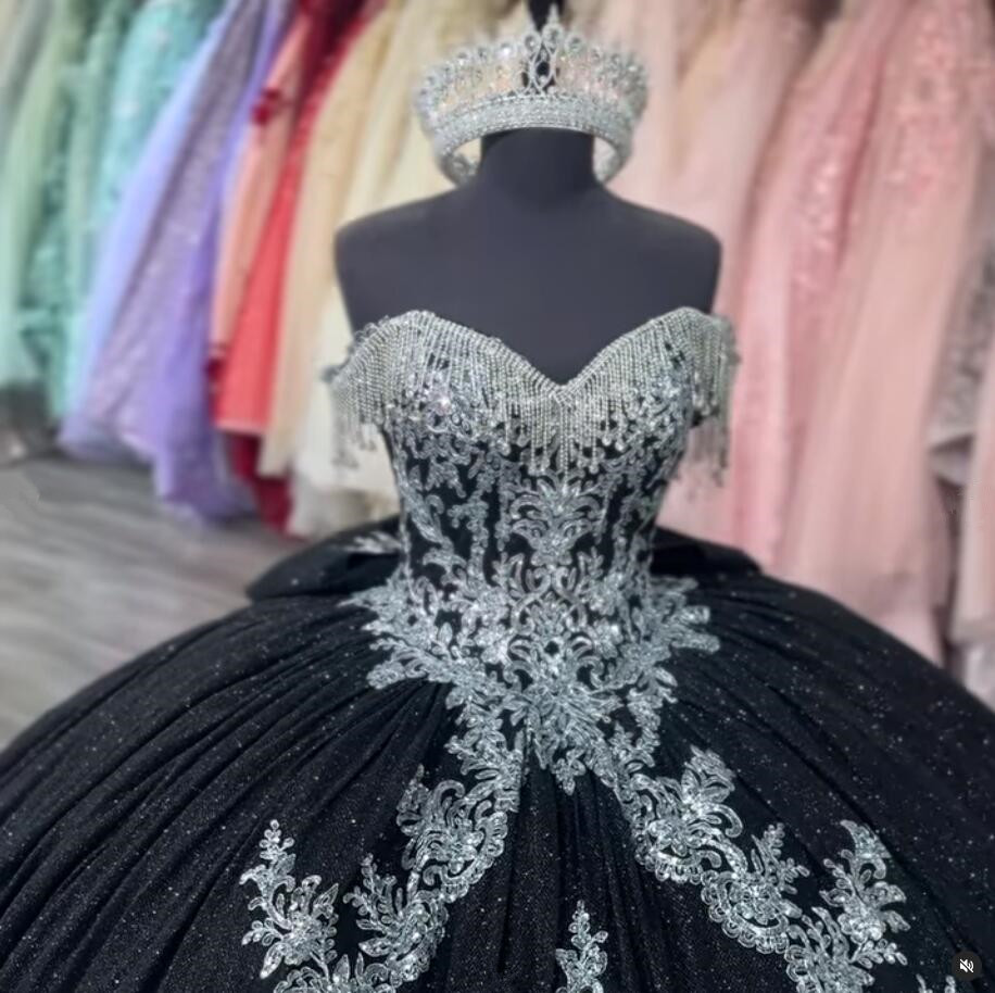 Sier Gothic Black Princess Quinceanera Dresses Sparkly Applique Tassel Corset Vestidos Para Anos Prom Sweet 6660306