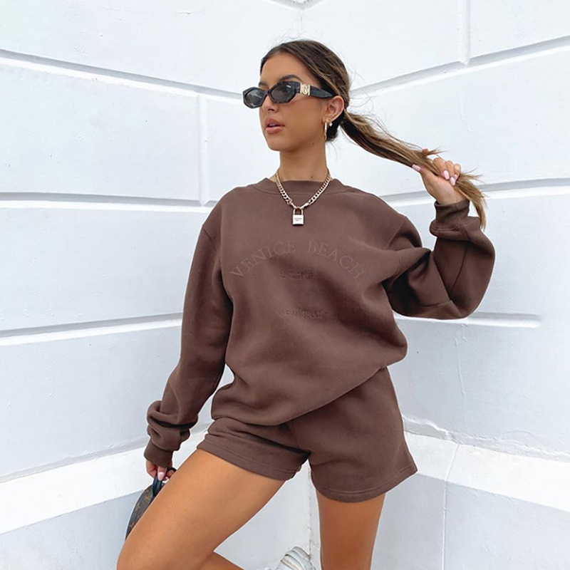 Autumn/Winter Women's Letter Embroidered Fleece Thickened Loose and Versatile Casual Sweater Set 220316