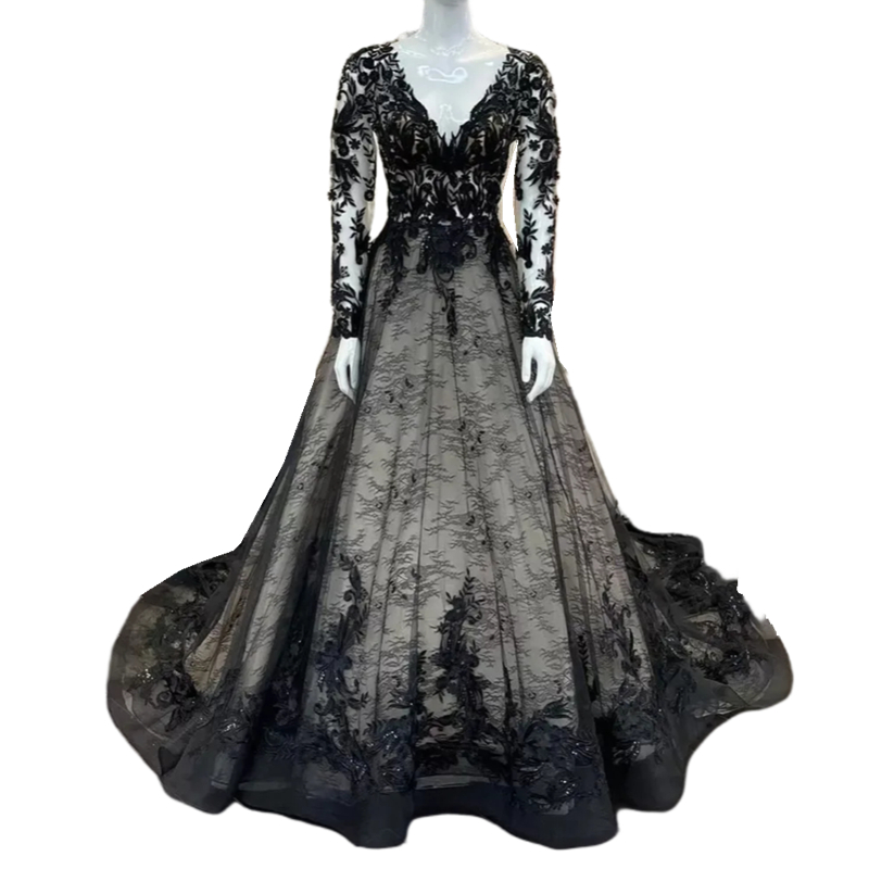 Gothic Black Lace A Line Wedding Dress Long Sleeve V-Neck Vintage Bridal Gowns Appliques Country Bride Dresses Custom Made Vestidos De Novia 2024