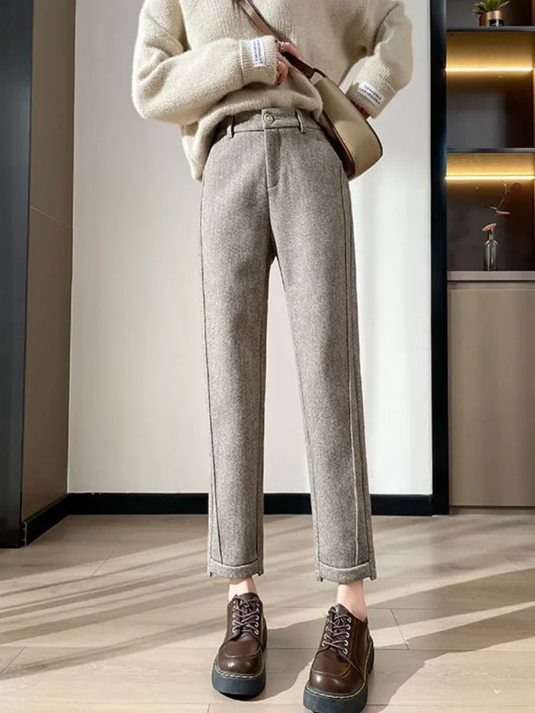 High-waisted Tweed Straight Pants Autumn/Winter Women' S Pants Loose Casual Herringbone Warm Thickened Cropped Pants 231221