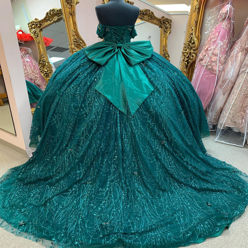 Emerald Green Shiny Quinceanera Ball Gown Off the Shoulder Appliques Bow Beaded Mexican Sweet 16 Dresses 15 Anos