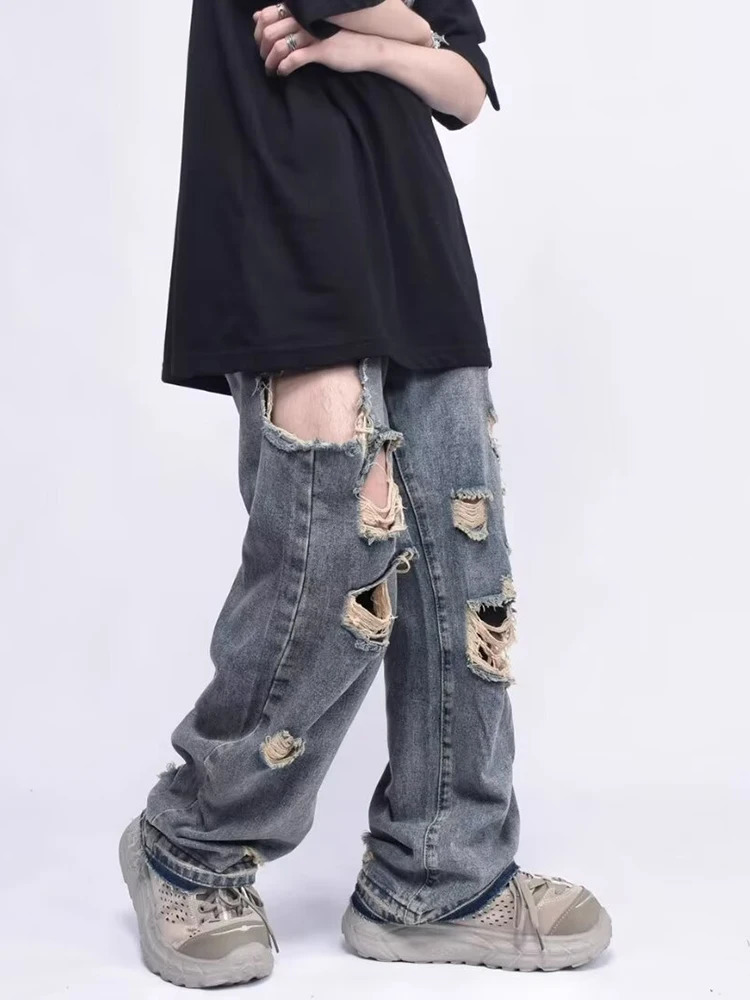 Men's Wear Casual Y2K Jeans Men Korean Fashion Personalized Straight Tube Hole Male Trousers Vintage Wide Leg 231221