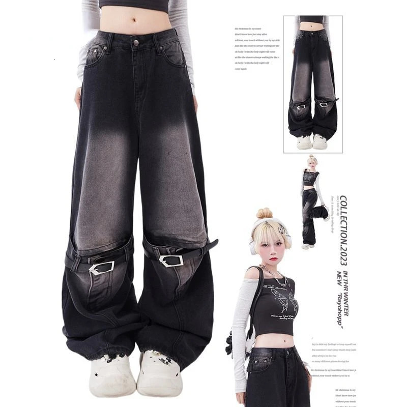 Super retro and fashionable spicy girl Y2K style jeans for men and women with loose and slim waistband straight leg pants jean 231221