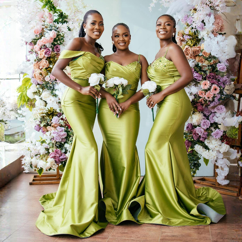 R&W Olive Green Mermaid Bridesmaid Dresses Spaghetti Straps Beaded Elastic Satin Sexy Promdress Abito Donna Cerimonia Gowns Formal Evening Gown Weddin