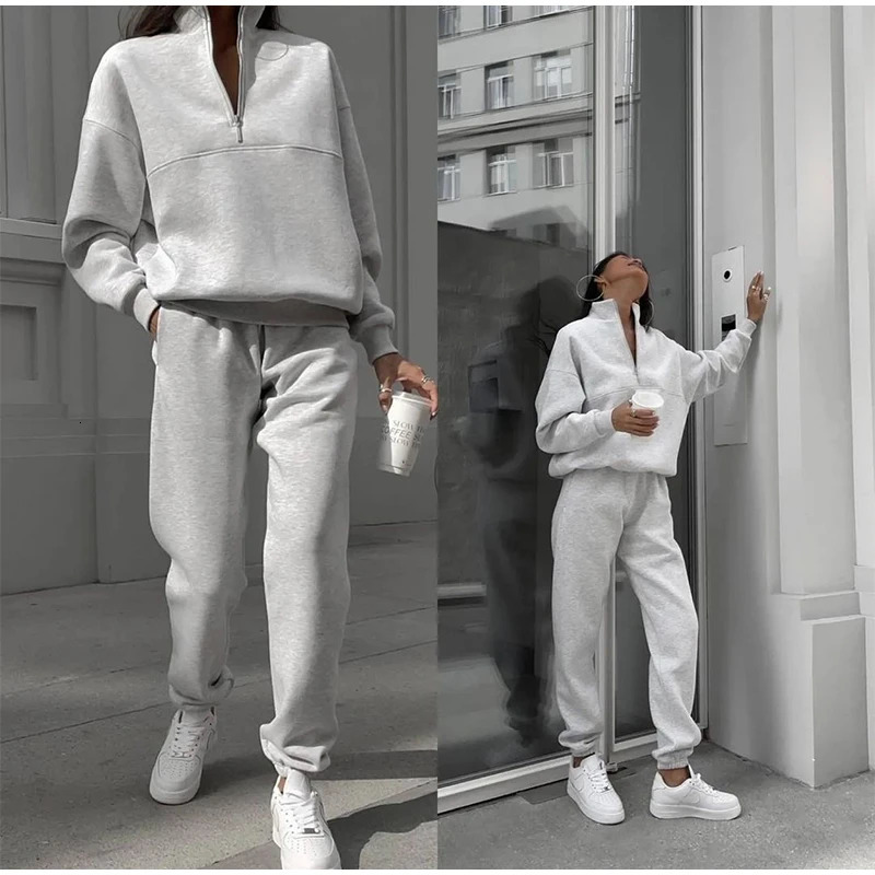 Women Fleece Tracksuit Solid Two Piece Pants Set Casual Long Sleeve Zipper Pullover Outfits Winter Female Warm Sports Suit 231221
