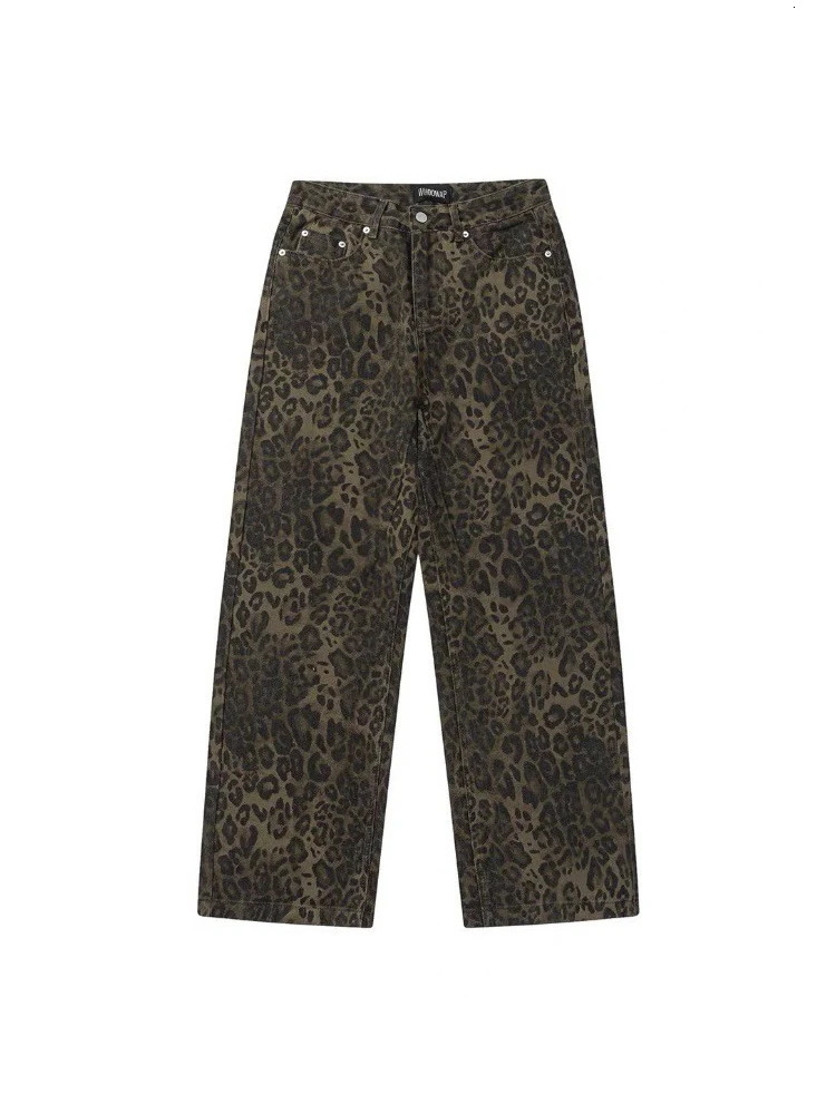 Oversize Wide Leg Leopard Jeans Men Hip Hop Vintage Denim Pants Male Loose Casual Streetwear Clothes Trousers 231221