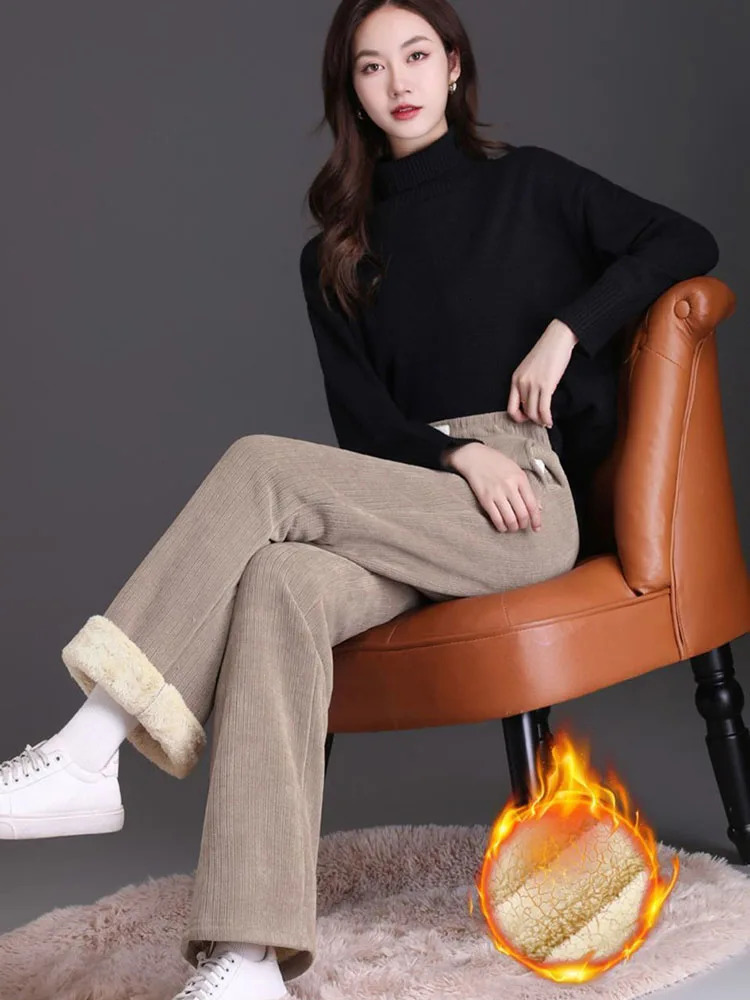 Winter High Waist Fleece Lined Wide Leg Pants Womens Casual Thicken Warm Baggy Sweatpants Korean Lamb Fluff Straight Pantalones 231221