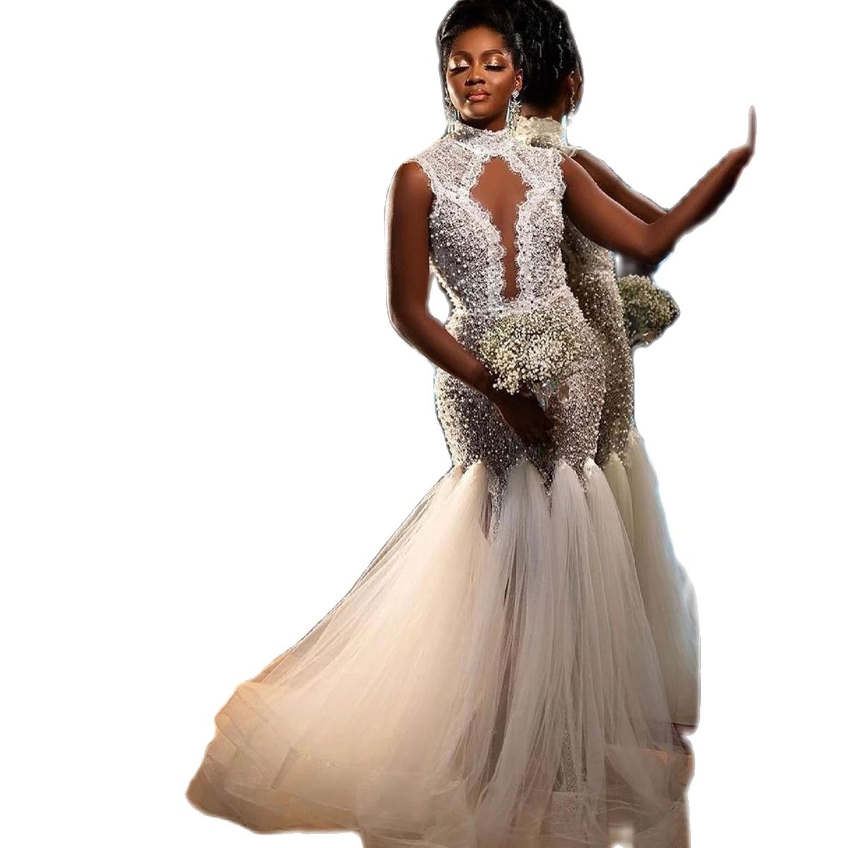 Arabic Luxurious Beaded Mermaid Wedding Dresses High Neck Pearls Beads Lace Bridal Dresses Sexy Backless Wedding Gowns