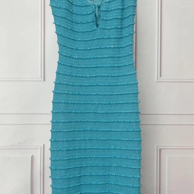 Casual Dresses Solid Color Womens Knit Mermaid Sling Dress Rhinestone Decoration Lace-up Female Sexy Midi Sleeveless Robe Summer 2023