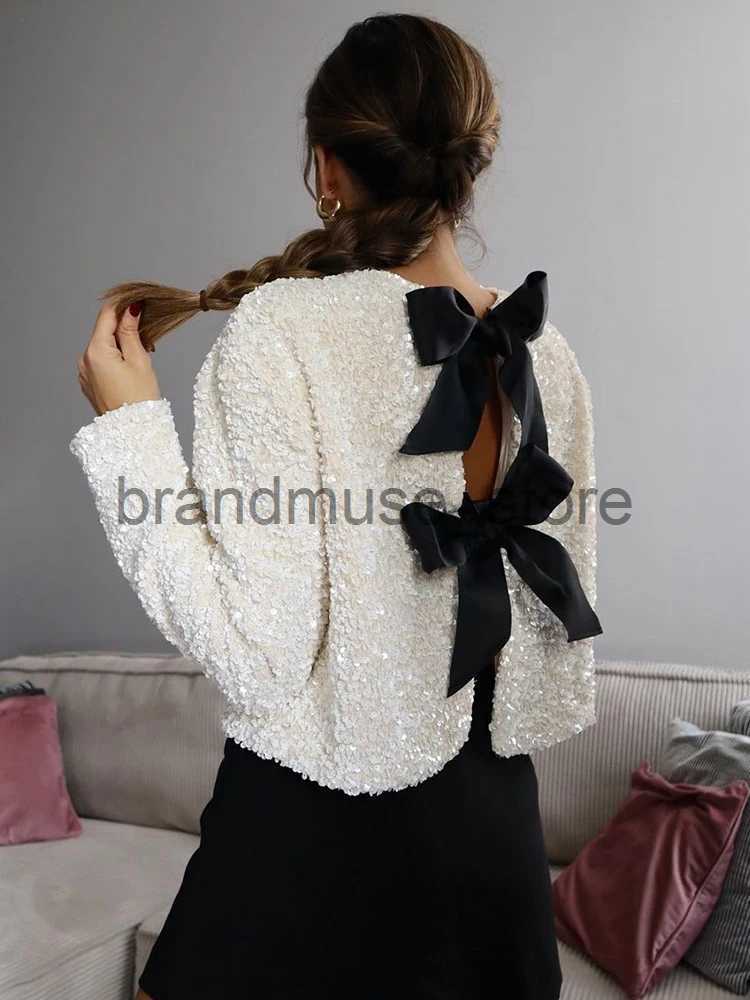 Women's Jackets Christmas Bow Sequins Jacket For Women Fashion Sparkling Coats Female Elegant Long Sleeve Chic Cropped Shiny Evening Partywear J2