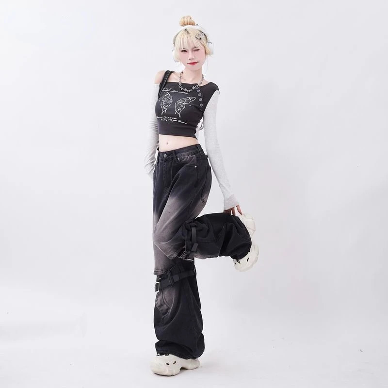 Super retro and fashionable spicy girl Y2K style jeans for men and women with loose and slim waistband straight leg pants jean 231221