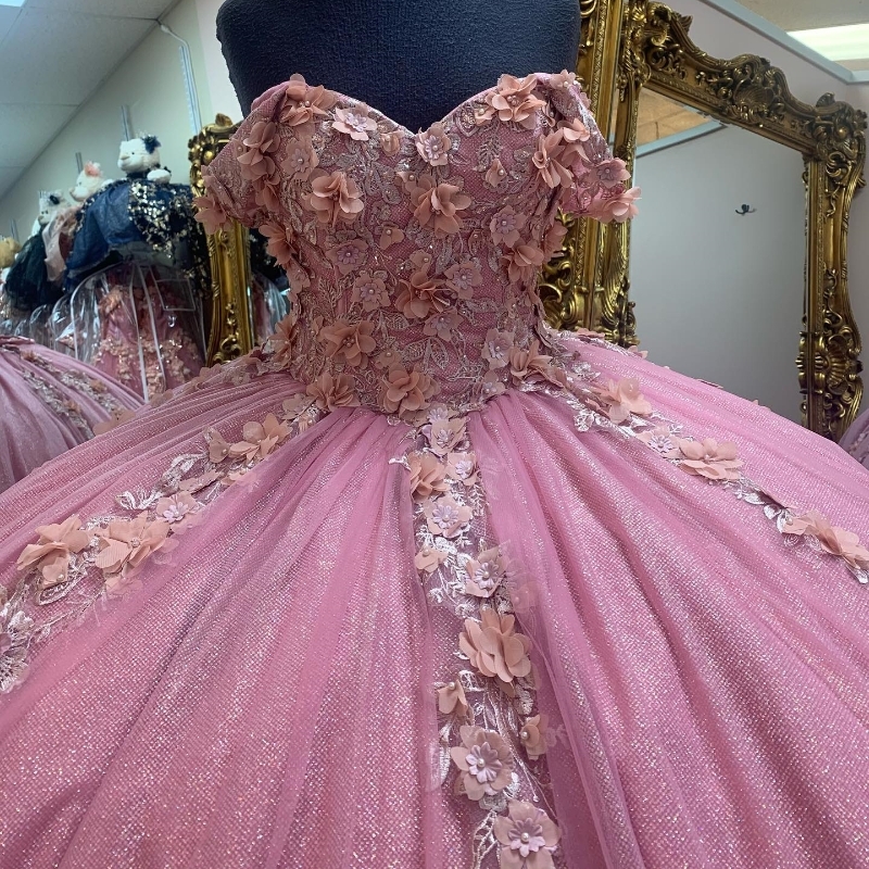 Mexican Pink Shiny Quinceanera Dresses Off Shoulder 3D ral Applique Lace Beaded Ball Gown Sweet Corset vestido 15 de