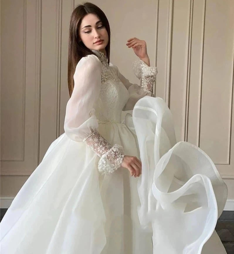 Gorgeous A-Line Wedding Dress Women 2024 High Neck Long Puff Sleeves Lace Organza Bridal Bride Gowns Vestido De Novia Robe De Mariage
