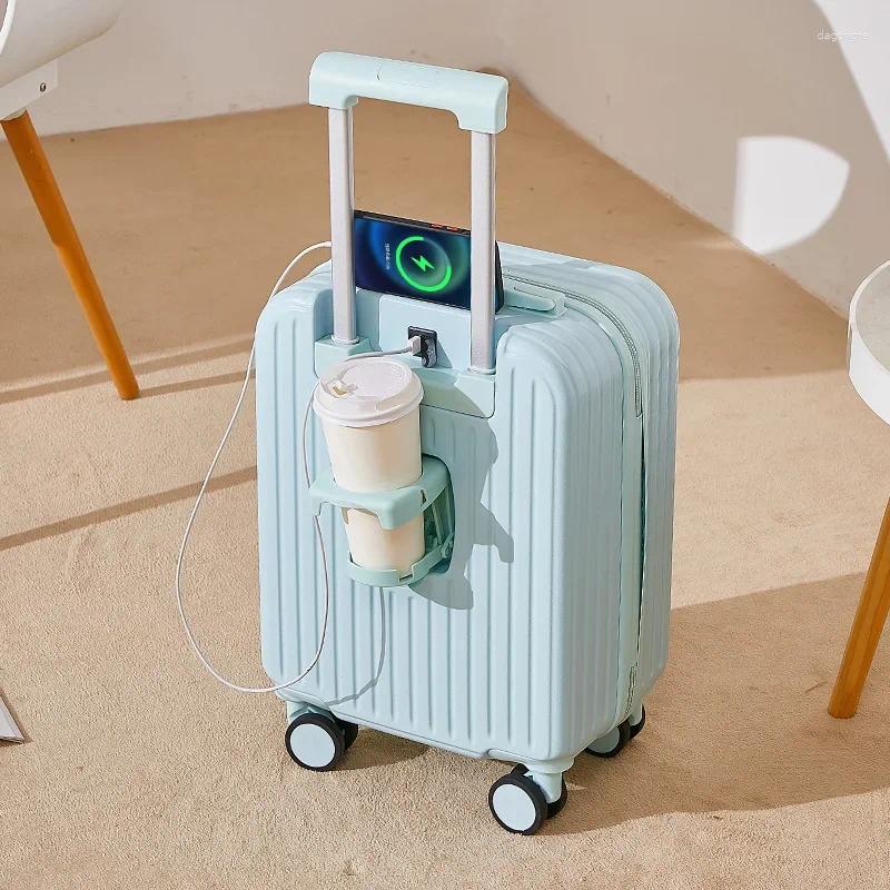 Suitcases 18 Inch Travel Suitcase Multifunctional Boarding Box Student Trolley Password Case Rolling Luggage Bag With Cup Holder