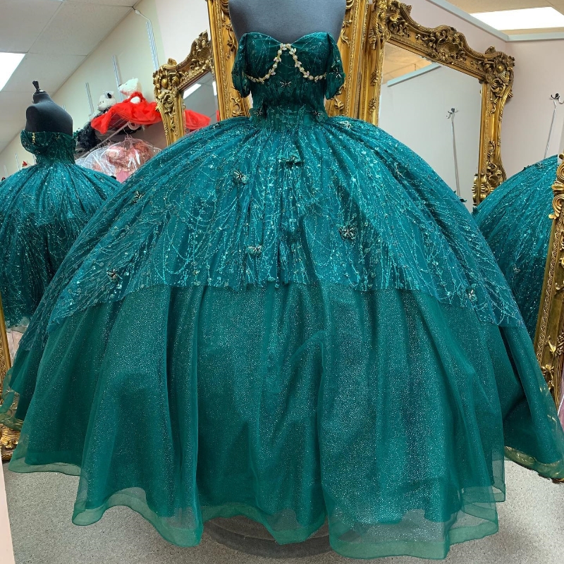 Emerald Green Shiny Quinceanera Ball Gown Off the Shoulder Appliques Bow Beaded Mexican Sweet 16 Dresses 15 Anos