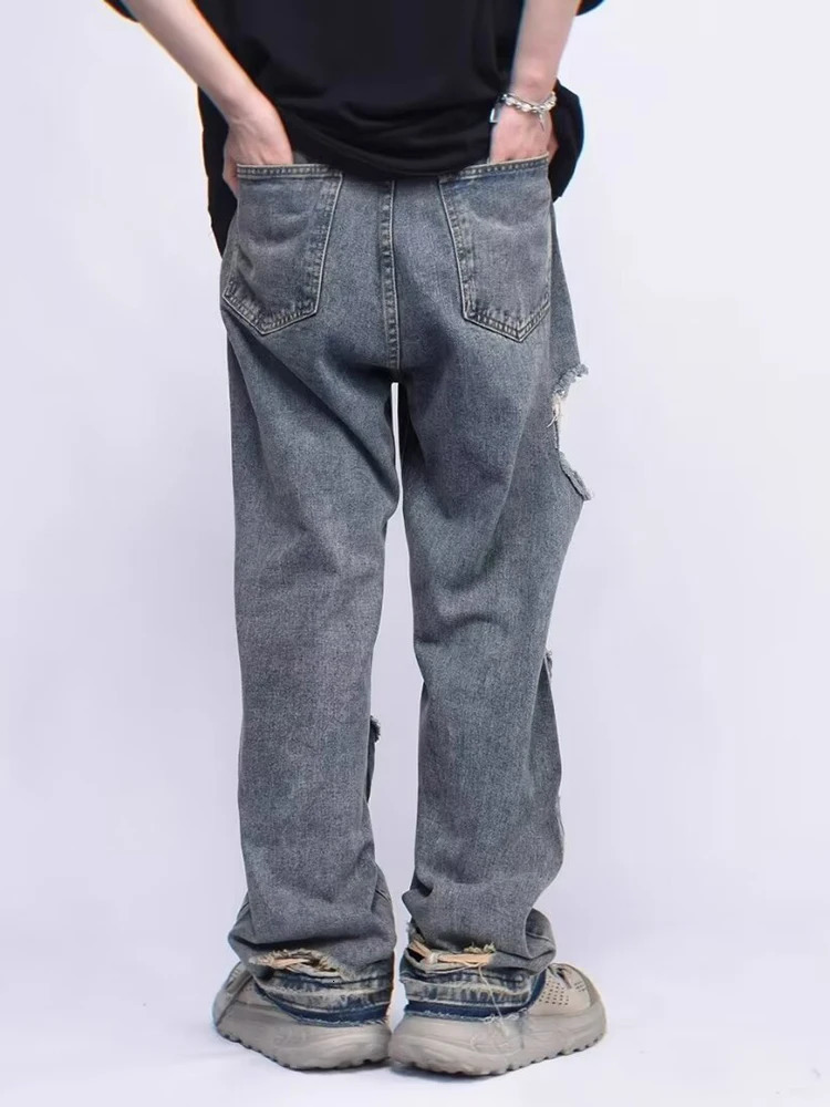 Men's Wear Casual Y2K Jeans Men Korean Fashion Personalized Straight Tube Hole Male Trousers Vintage Wide Leg 231221