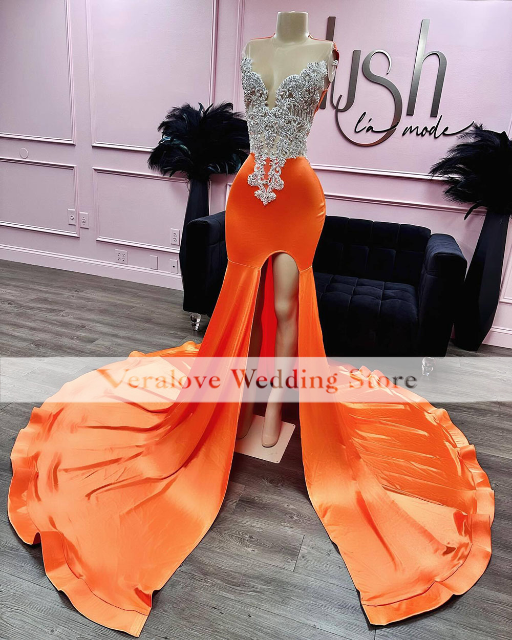 Sexy Orange Prom Dresses For Black Girls Slit Beads Rhinestone Evening Gowns Long Velvet Vestidos De Fiesta Party Dress