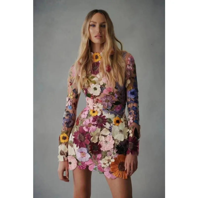 HL High End Skirt Embroidered Lace Mini Dress for Women Fashion Half High Collar Dress for Ladies Elegant Party Y2K Dress 231221