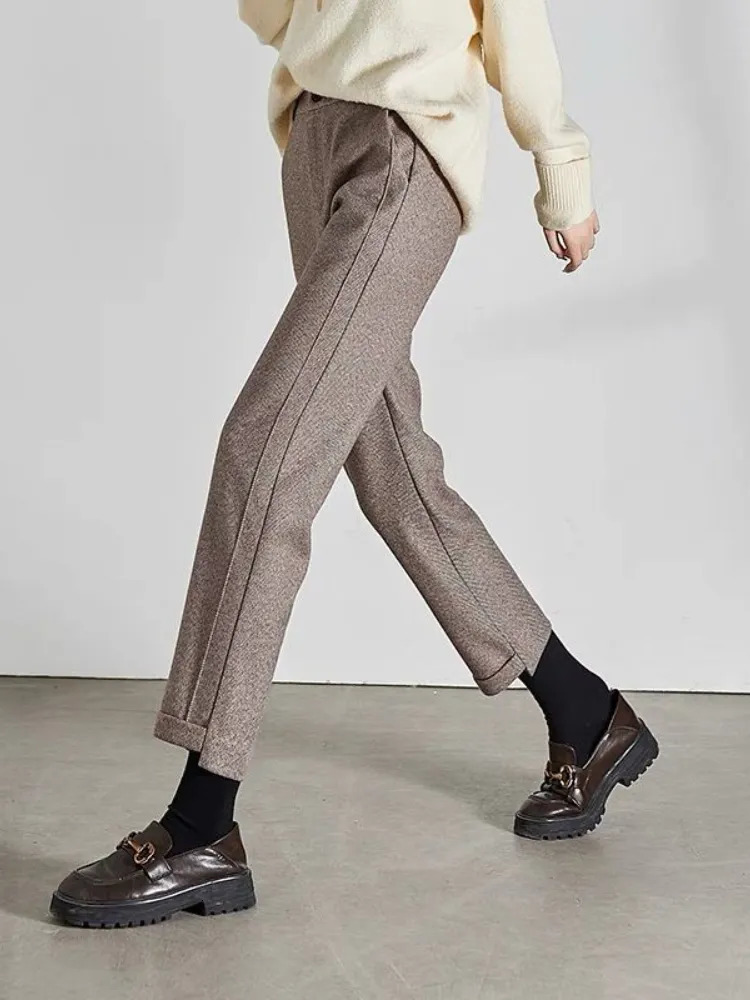 High-waisted Tweed Straight Pants Autumn/Winter Women' S Pants Loose Casual Herringbone Warm Thickened Cropped Pants 231221