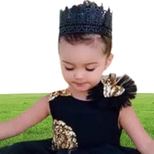 Lovely Black High Low Girls Pageant Gowns With Gold Sequins Tulle Ball Gown Flower Girl Dresses For Wedding Baby Birthday Party Dr