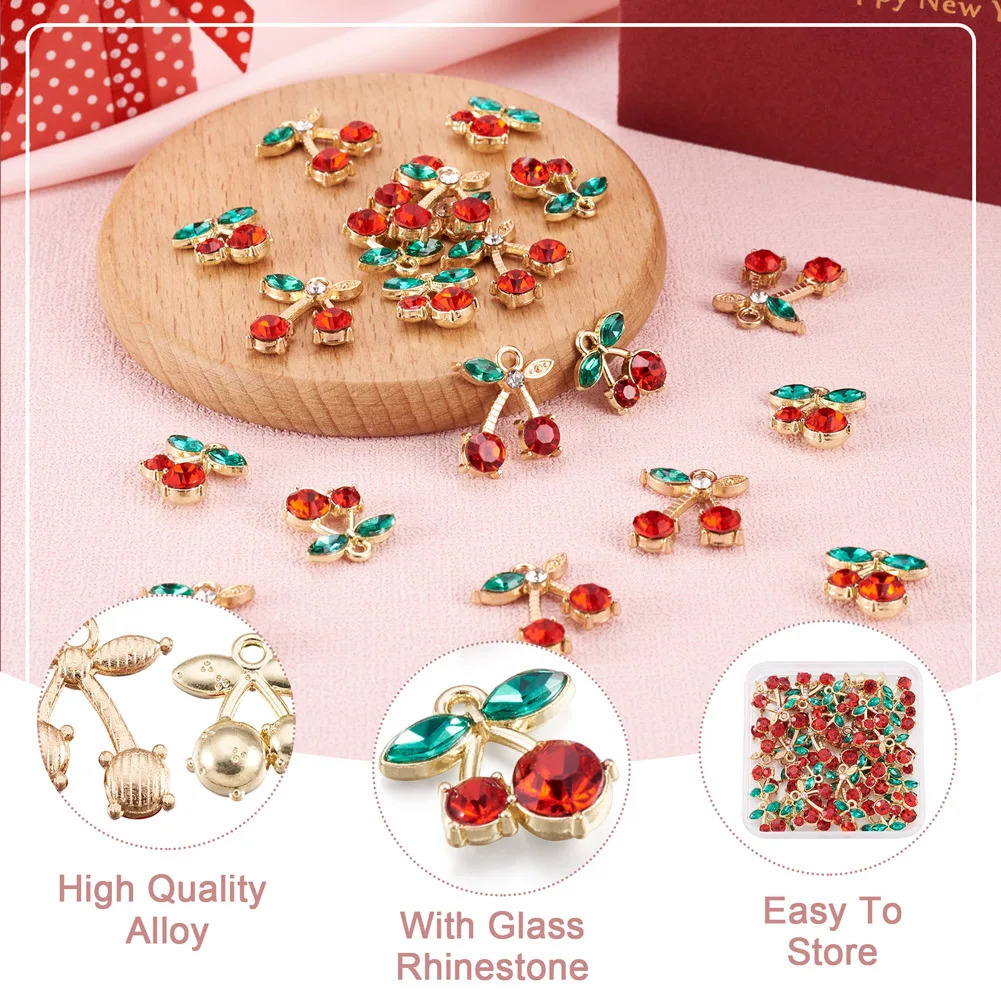 Charms 40Pcs/Box Golden Alloy Pendants Cute Cherry Charms with Glass Rhinestone for DIY Jewelry Making Necklace Earrings Accessories 231222