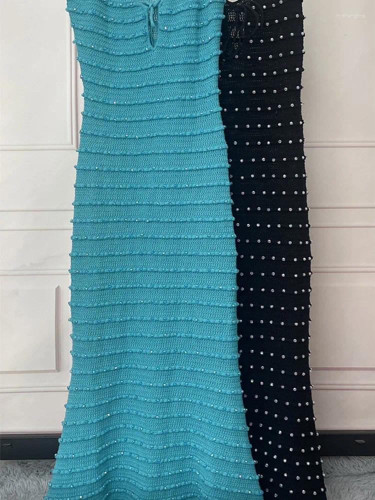 Casual Dresses Solid Color Womens Knit Mermaid Sling Dress Rhinestone Decoration Lace-up Female Sexy Midi Sleeveless Robe Summer 2023