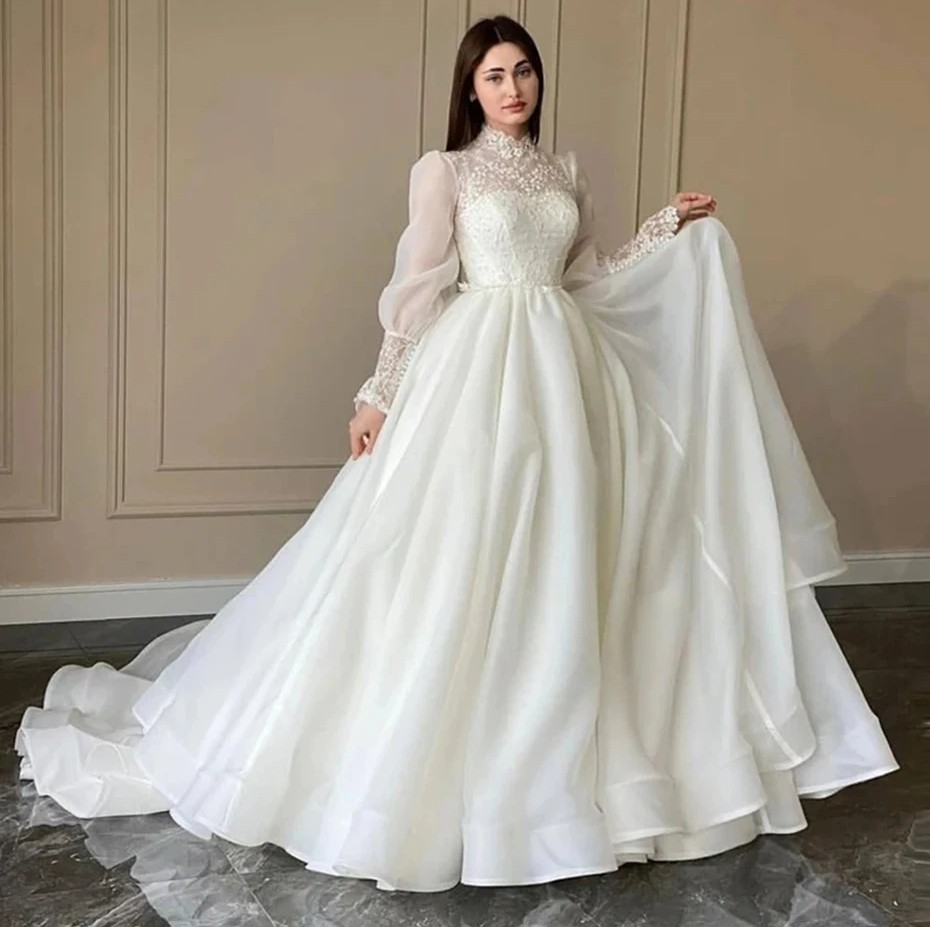 Gorgeous A-Line Wedding Dress Women 2024 High Neck Long Puff Sleeves Lace Organza Bridal Bride Gowns Vestido De Novia Robe De Mariage