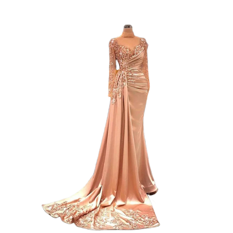 Sexy Mermaid Plus Size Evening Dresses Sheer High Neck Beaded Sequins Arabic Aso Ebi Urious Blush Pink Long Sleeve Prom Formal Ocn Gowns 0220