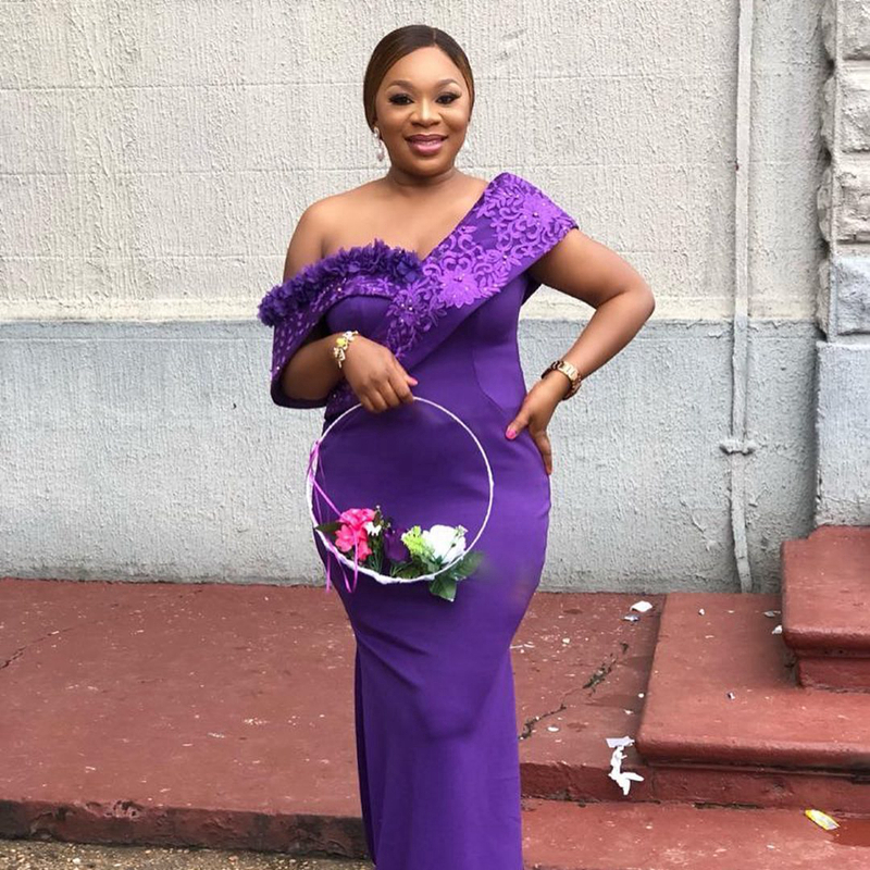 R&W Purple Mermaid Bridesmaid Dresses One Shoulder Satin Appliqued Lace Elegant Promdress for African Arabic Black Women Formal Evening Gown Wedding G