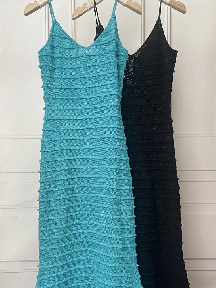 Casual Dresses Solid Color Womens Knit Mermaid Sling Dress Rhinestone Decoration Lace-up Female Sexy Midi Sleeveless Robe Summer 2023