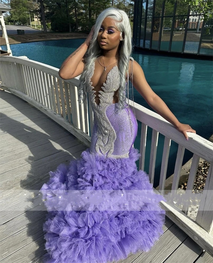 Evening Purple Sheer Neck for Black Girls 2024 Beaded Crystal Birthday Party Gowns Ruffles Long Prom Dresses Mermaid Robe De Bal