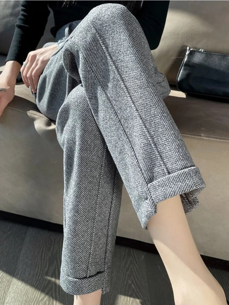 High-waisted Tweed Straight Pants Autumn/Winter Women' S Pants Loose Casual Herringbone Warm Thickened Cropped Pants 231221