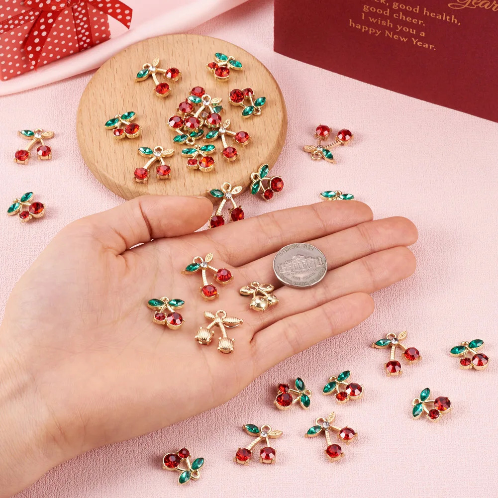 Charms 40Pcs/Box Golden Alloy Pendants Cute Cherry Charms with Glass Rhinestone for DIY Jewelry Making Necklace Earrings Accessories 231222