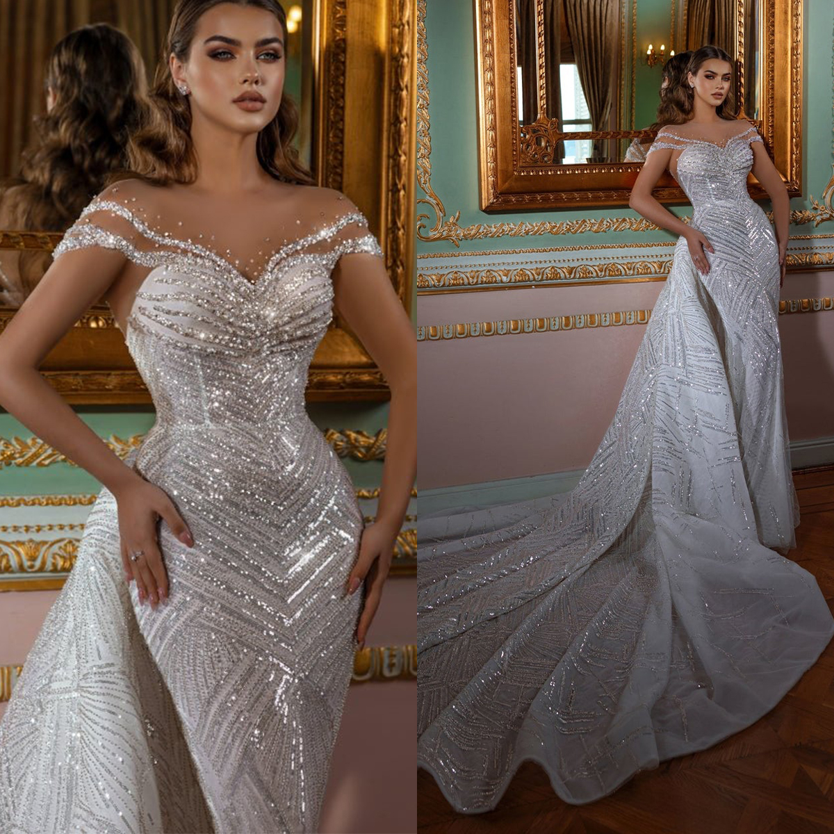 Sexy Illusion Mermaid Wedding Dress Sparkly Sequins Off Shoulder Bridal Gowns Luxury Custom Made Bride Dresses With Detachable Train