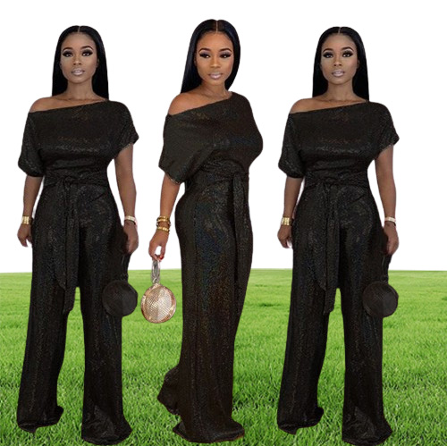 2020 fashion shiny party women039s sequined jumpsuits sexy skew collar short sleeve rompers wide leg pants laceup fashion over9908195