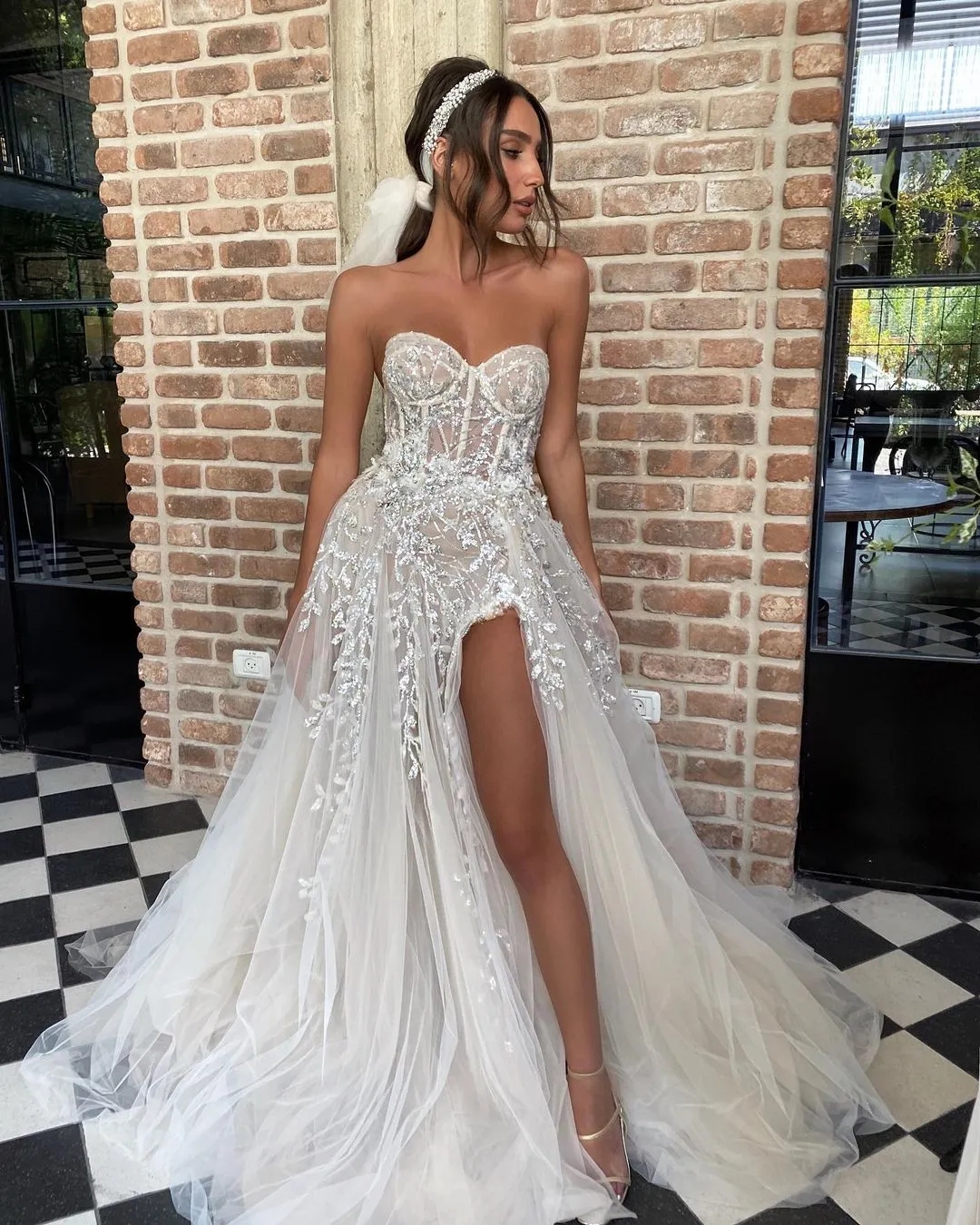 A Line Boho Wedding Dress 2024 Sweetheart Slit Sequins Appliques Tulle Bridal Women Gowns Vestido De Novia Robe De Mariage