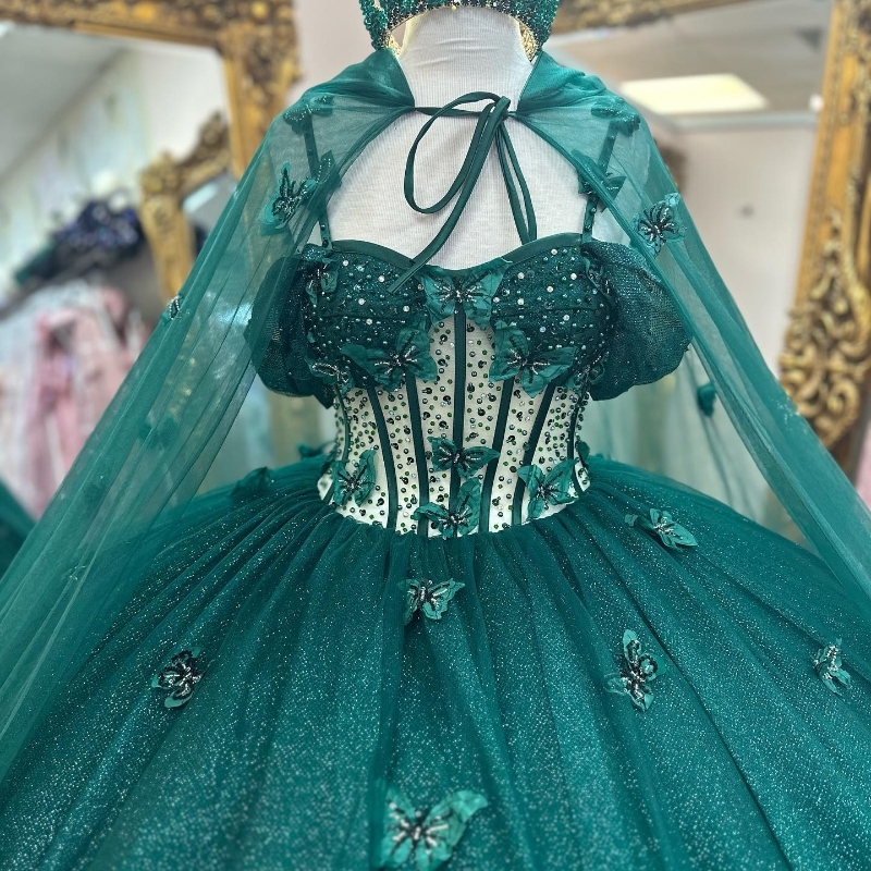 Green Shiny Quinceanera Dresses Ball Gown Sleeveless Appliques 3DButterfly Beads With Cape Vestidos De 15 Anos
