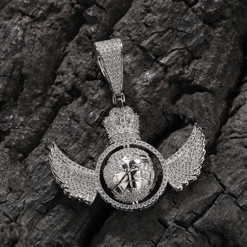 Hip Hop TopBling Angel Wings Rotate The Globe Pendant Necklace Full 5A Zircon 18k Real Gold Plated Jewelry