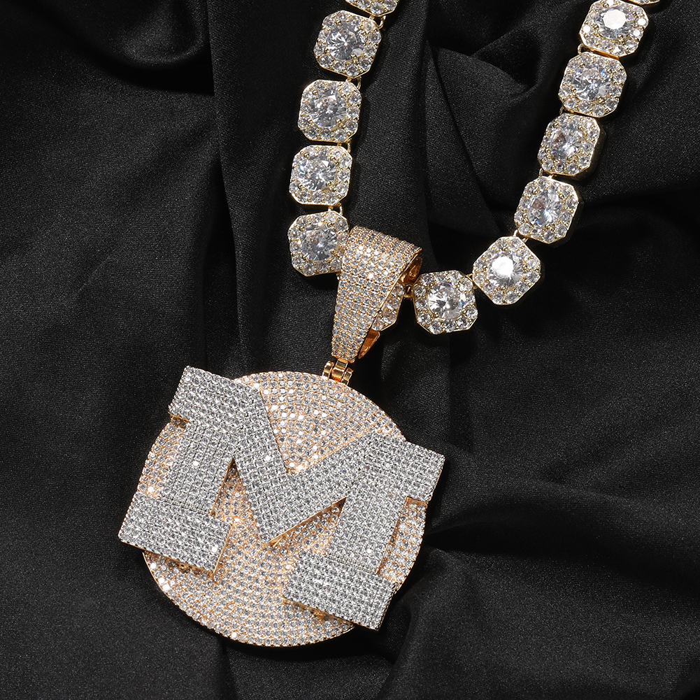 Hip Hop DIY Custom Name Large A-Z Letters Round Pendant Mens Necklace 5A Zircon Jewelry