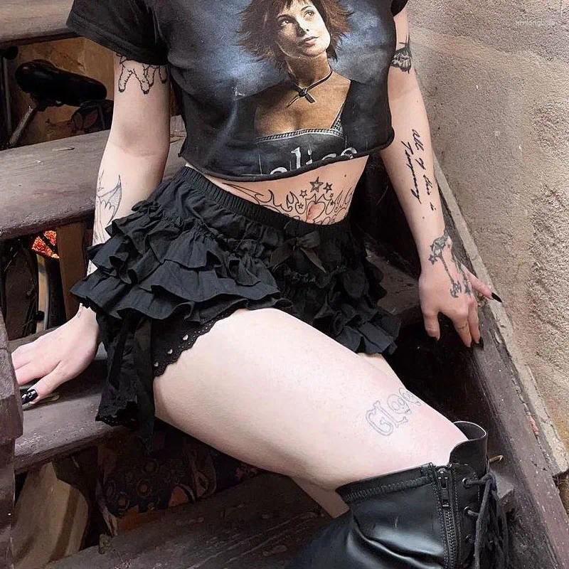 Women's Panties Gothic Lolita Lace Shorts Women Black Aesthetic Cute Sweet Bow Ruffle Bloomers Y2k E-girl Kawaii Frilly